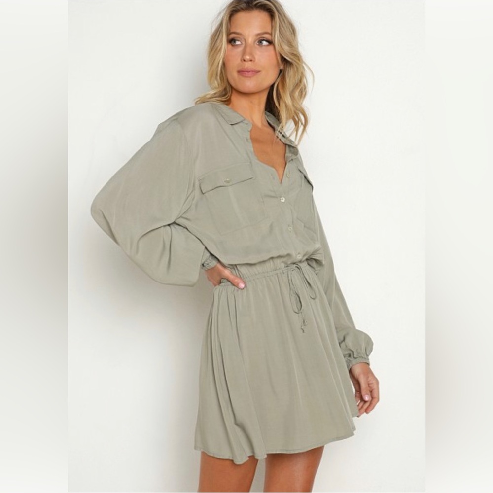 Anthropology L Space Amelia Dress tie waist chest pockets Sz S Color Olive Green - Picture 3 of 5